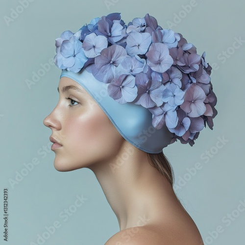 Floral Swim Cap: A portrait of a beautiful woman wearing a unique swim cap adorned with blue hydrangea flowers. The focus is on her elegant profile and the surreal aesthetic of the headwear.