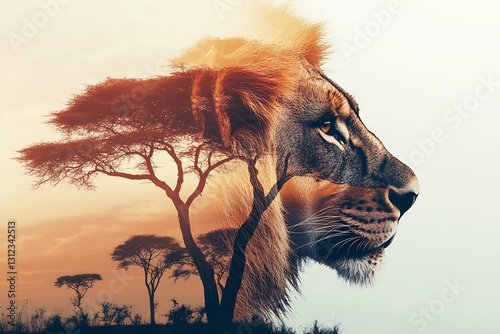 Stunning fusion of lion profile and acacia tree reflecting the wilderness of the African savannah : Generative AI