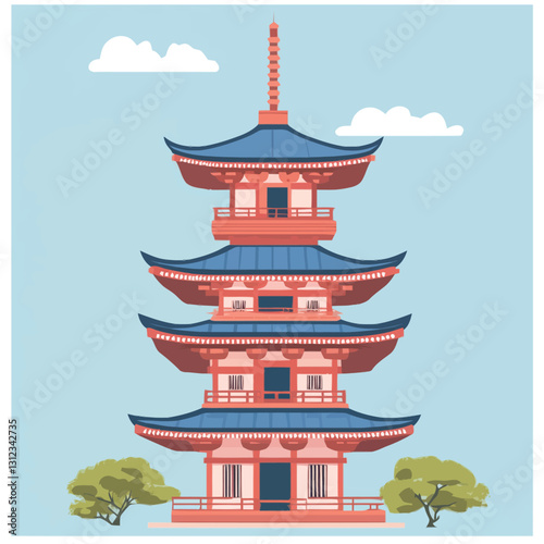 A flat 2D vector of a historic Japanese pagoda with curved roofs.