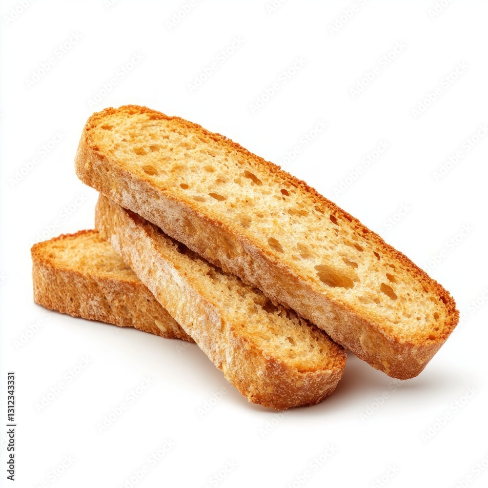Stack of crispy golden rusks isolated on white background.