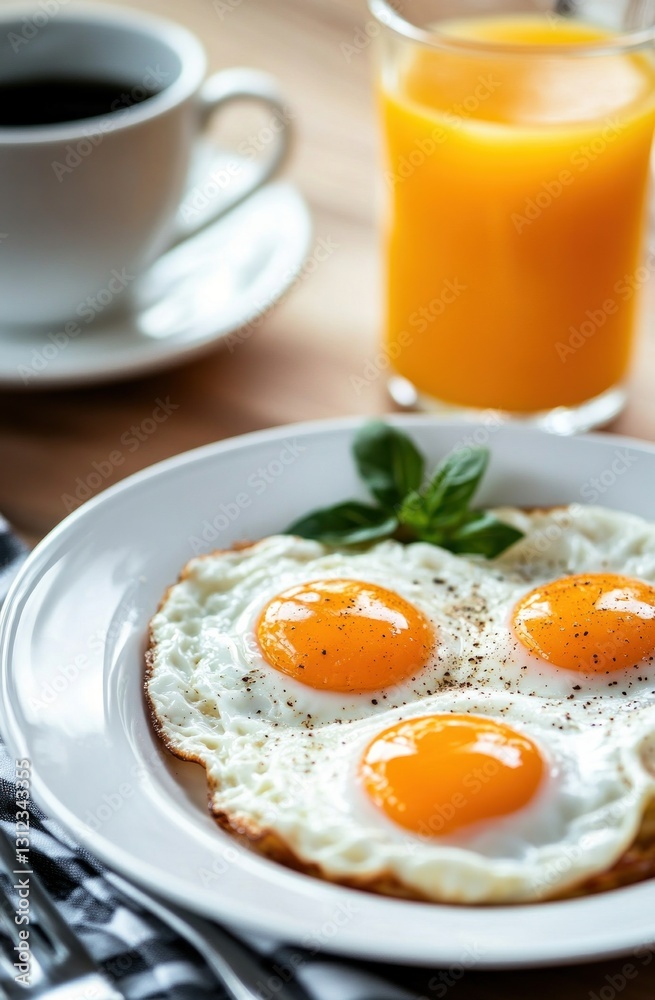 Sunny-side up eggs with fresh orange juice and coffee on breakfast table. Sunny-side up eggs with fresh orange juice and coffee on breakfast table.