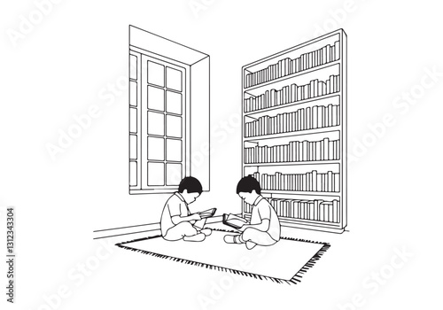 Children Reading Vector Line Art Illustration  Get this line art vector of children reading indoors, featuring a bookshelf and window. Perfect for educational and children's designs. Download in EPS 