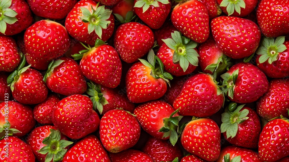 Ripe strawberries fill the frame, their red surfaces contrasting with the green of their stems Ripe strawberries fill the frame, their red surfaces contrasting with the green of their stems