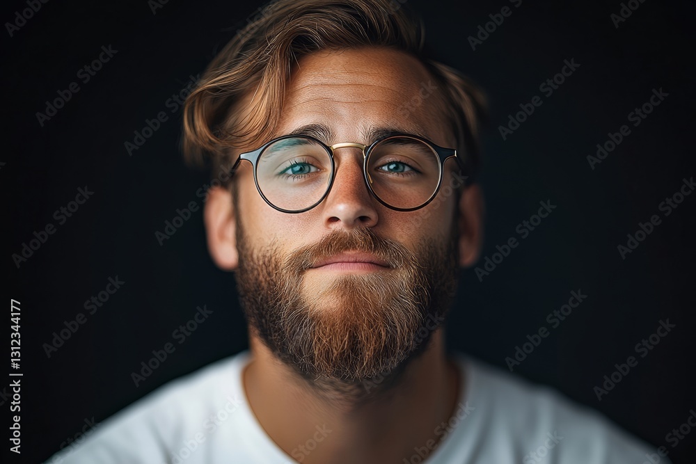 Man with a beard and glasses is smiling. Concept of confidence and self-assurance Man with a beard and glasses is smiling. Concept of confidence and self-assurance