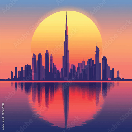 A flat 2D vector of a breathtaking city skyline with a sunset backdrop.
