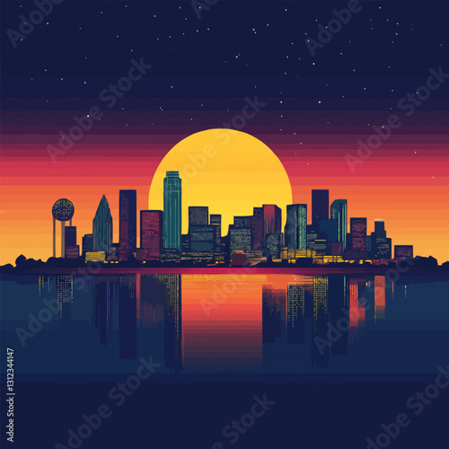 A flat 2D vector of a breathtaking city skyline with a sunset backdrop.