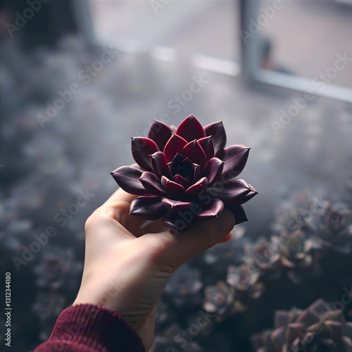 Hand holding a bordeaux-colored succulent against an atmospheric background soft natural lighting highlights the rich tones and organic textures ideal for gardening or nature-themed visuals