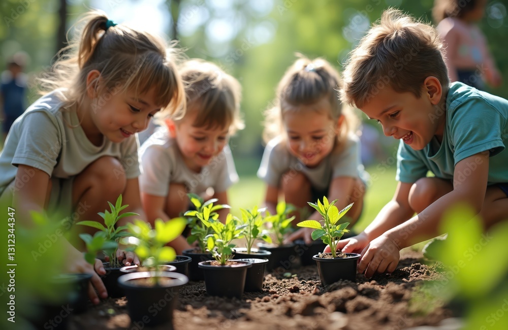 Group of happy smiling kids planting seedlings in pots outside. Children learn gardening skills, enjoy nature, eco-friendly activity. Cultivating environmental awareness, sustainable living from Group of happy smiling kids planting seedlings in pots outside. Children learn gardening skills, enjoy nature, eco-friendly activity. Cultivating environmental awareness, sustainable living from