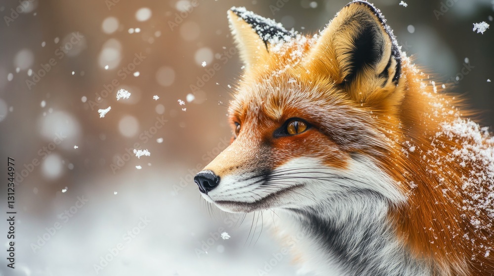 Obraz premium Red fox in the snowy forest, piercing amber eyes, fluffy winter fur, generative ai