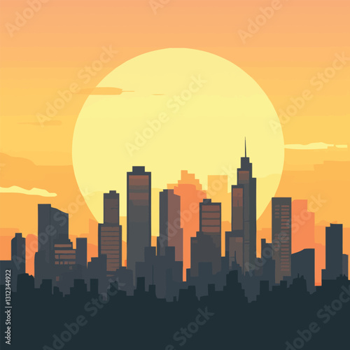 A flat 2D vector of a breathtaking city skyline with a sunset backdrop.