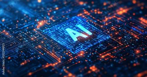 Advanced digital concept featuring the word AI embedded in a futuristic electronic circuit background with intense lighting : Generative AI