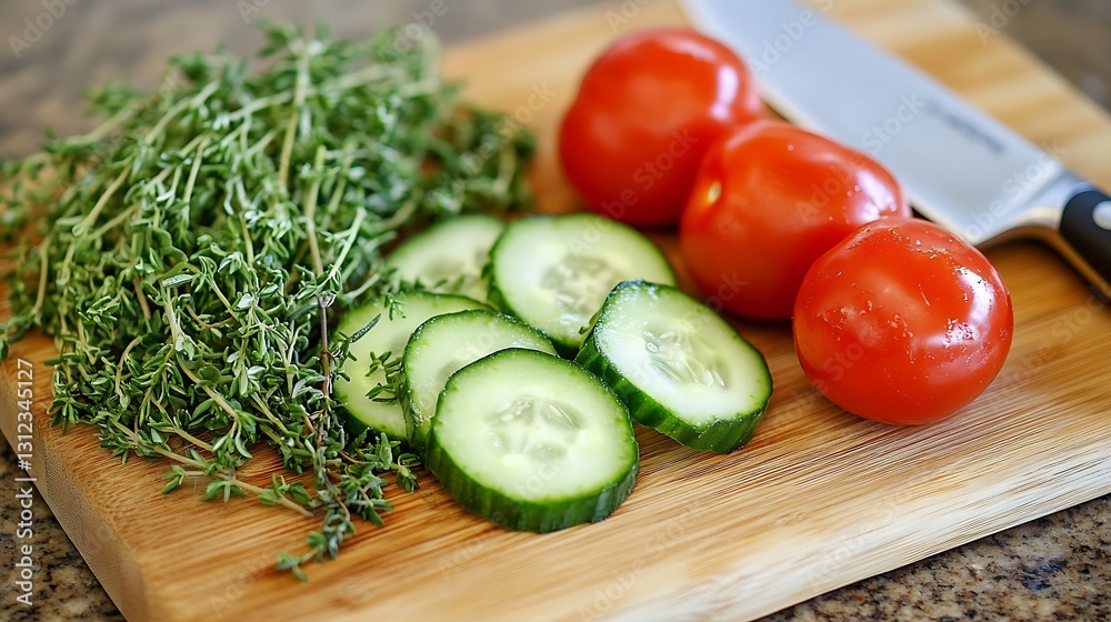 Fresh vegetables herbs and a knife on a wooden cutting board Fresh vegetables herbs and a knife on a wooden cutting board