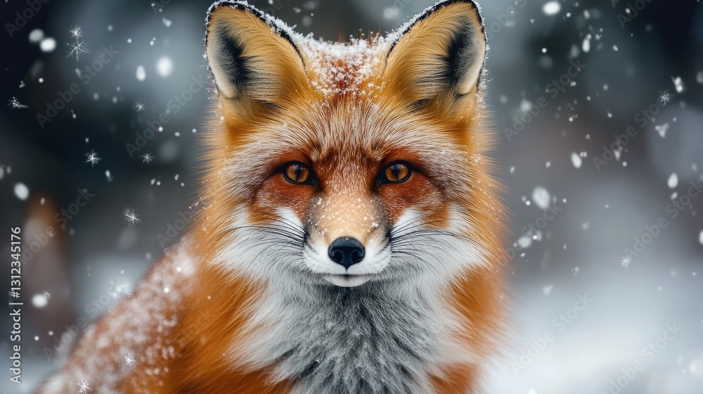 Red fox in the snowy forest, piercing amber eyes, fluffy winter fur, generative ai Red fox in the snowy forest, piercing amber eyes, fluffy winter fur, generative ai