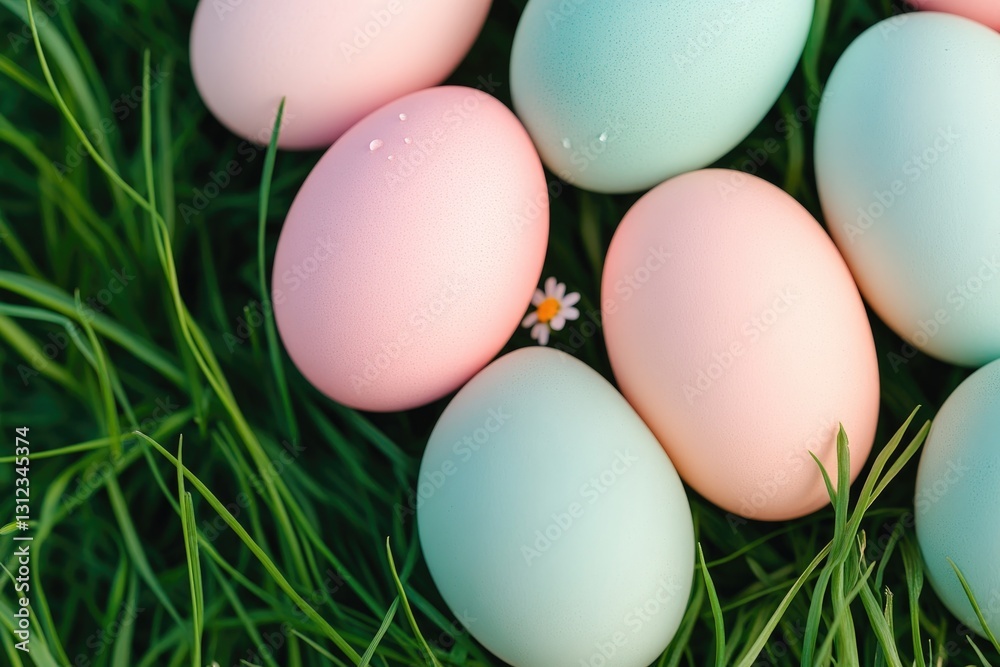 close-up of pastel-colored easter eggs nestled in soft grass close-up of pastel-colored easter eggs nestled in soft grass