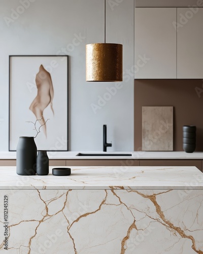 Close-up of an exquisite white marble countertop featuring elegant light brown and beige hues. Its polished, rectangular expanse invites touch with its seamless, glossy finish photo