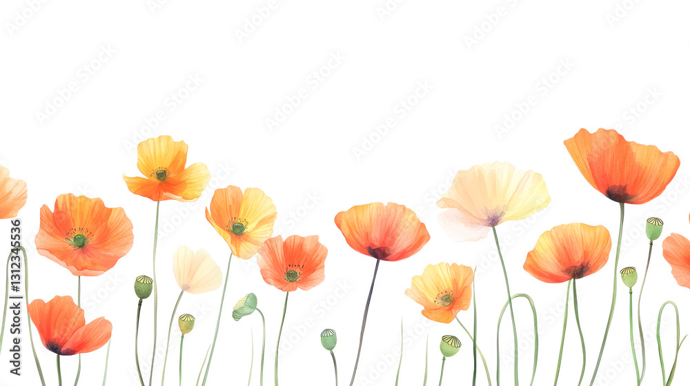 Obraz premium Vibrant orange and yellow poppies on white background