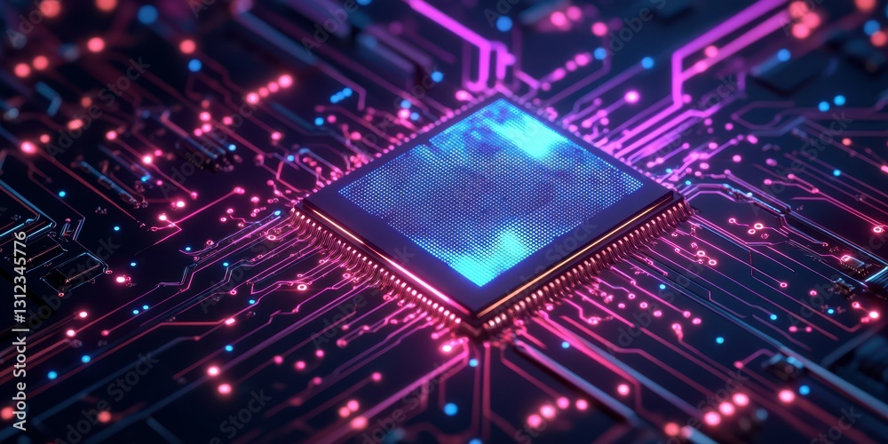 Vivid close-up view of a computer chip surrounded by colorful circuitry in a modern technological setting Vivid close-up view of a computer chip surrounded by colorful circuitry in a modern technological setting