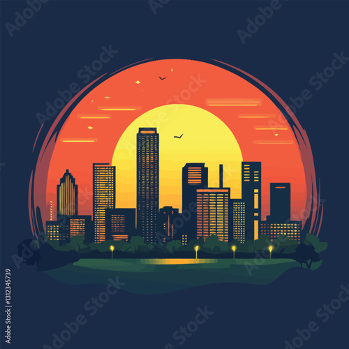 A flat 2D vector of a breathtaking city skyline with a sunset backdrop.