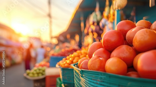 close-up shot of vibrant bustling outdoor market stalls in emerging economy brimming with fresh produce and traditional