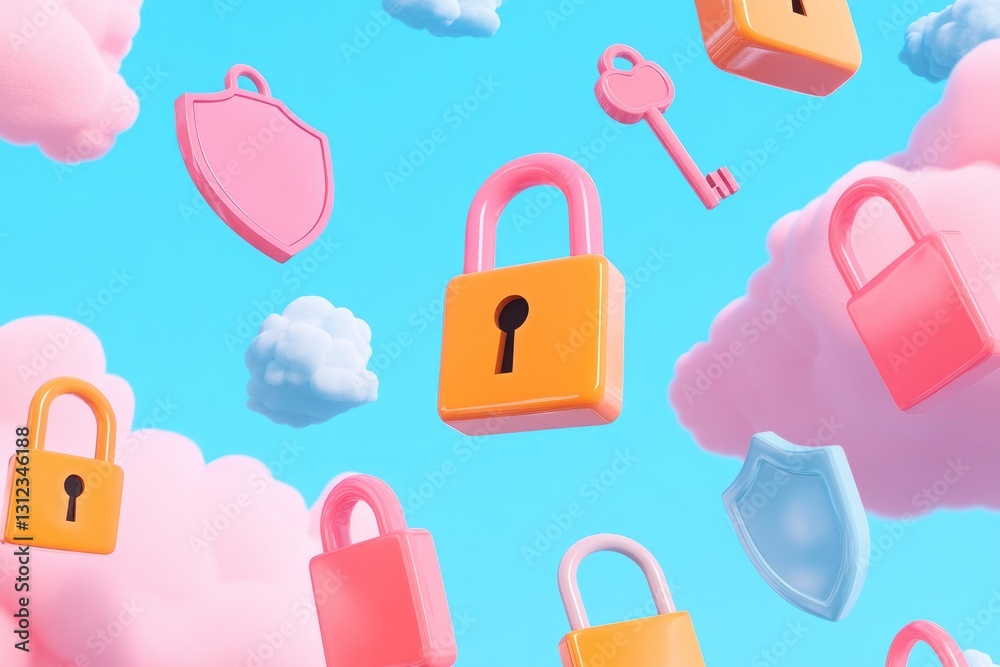 Obraz premium colorful digital collage features variety of cartoon padlocks keys and shields floating in cheerful cloud-filled sky