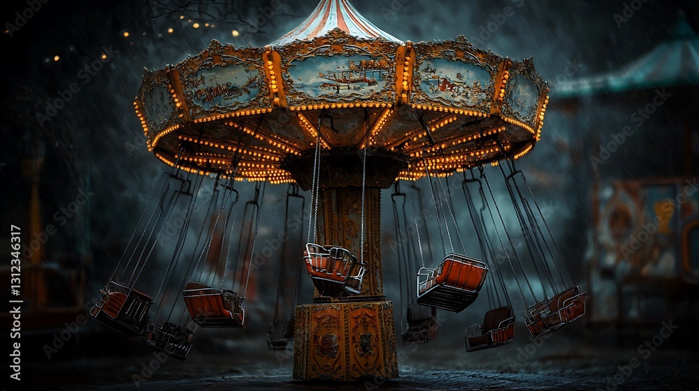 Fototapeta premium Vintage carousel at night, dark, moody atmosphere, empty seats.