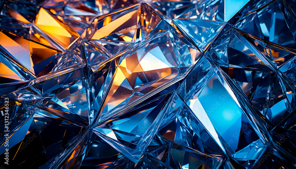 Crystal surface shining with golden and blue light reflections, creating a luxurious and elegant abstract background Crystal surface shining with golden and blue light reflections, creating a luxurious and elegant abstract background