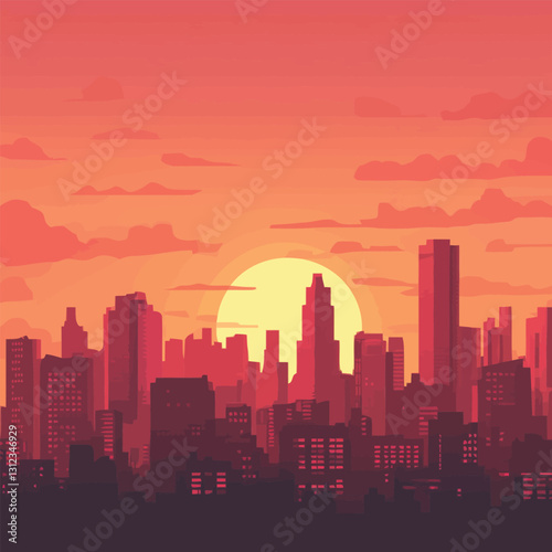 A flat 2D vector of a breathtaking city skyline with a sunset backdrop.