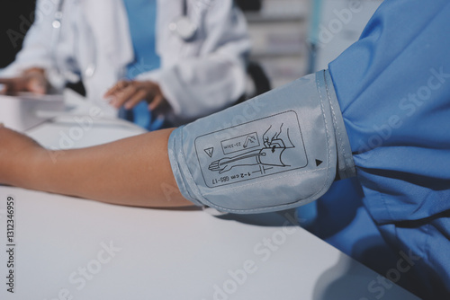 Doctor using sphygmomanometer with stethoscope checking blood pressure to a patient in the hospital.