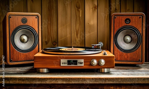 Vintage Turntable with Vinyl Record and Wooden Speakers in Retro Setup