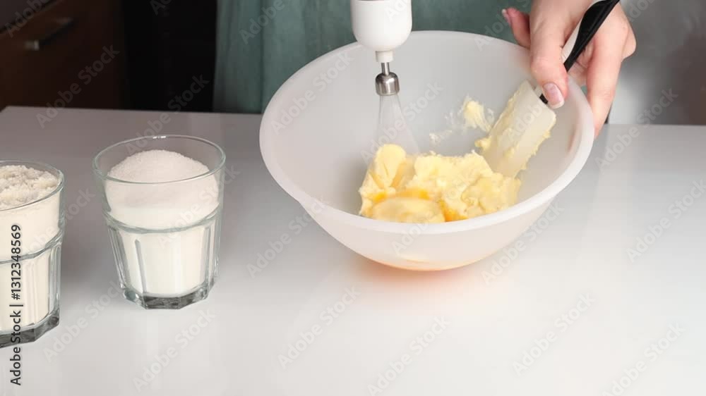 Person mixing butter and sugar in a white bowl using a hand mixer. Baking preparation in a kitchen setting Person mixing butter and sugar in a white bowl using a hand mixer. Baking preparation in a kitchen setting