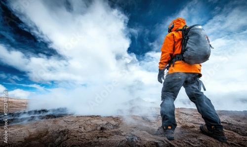 Adventurer in Orange Gear Exploring a Volcanic Landscape