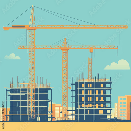 A flat 2D vector of an active construction site with cranes and scaffolding.