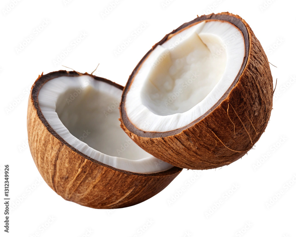 Floating half coconut with visible moisture on transparent background Floating half coconut with visible moisture on transparent background
