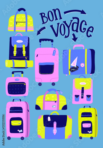 Colorful hand drawn suitcases seamless pattern, bon voyage! Great for textiles, banners, wallpapers, wrapping - vector design