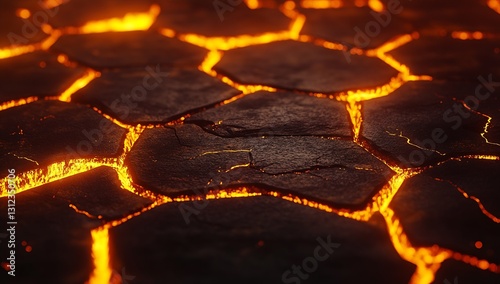 Mesmerizing view of glowing gaps in volcanic rock showcasing a striking cracking pattern and fiery hues : Generative AI