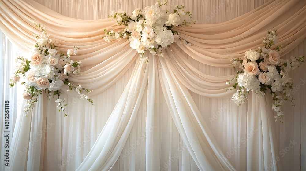 Elegant floral and draped fabric decoration for a celebratory event Elegant floral and draped fabric decoration for a celebratory event