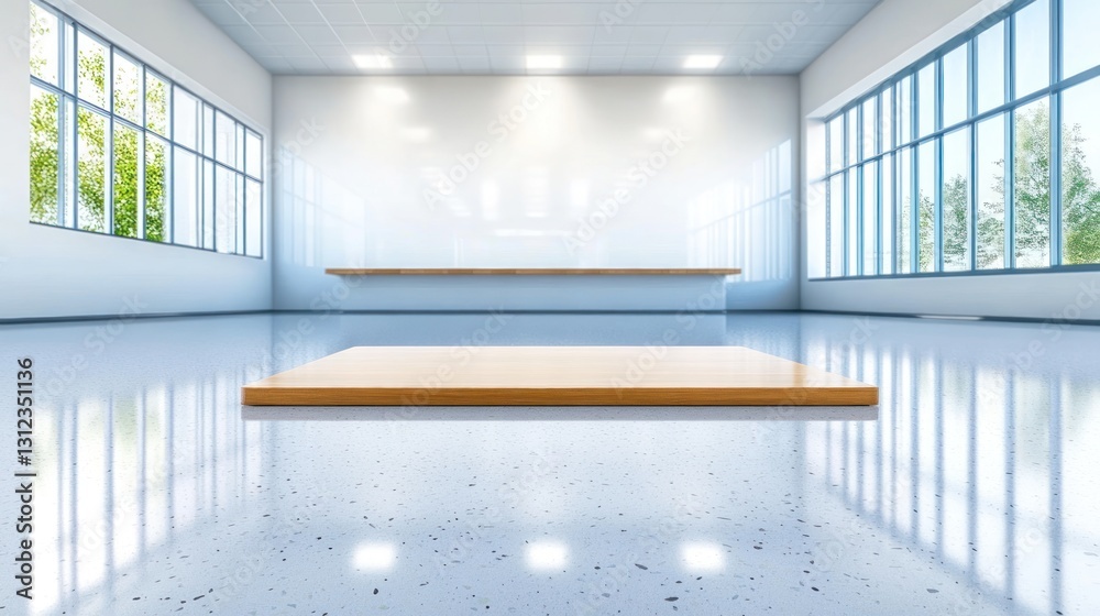 Fototapeta premium Modern Minimalist Interior Design: A Wooden Platform in a Bright, Spacious Room