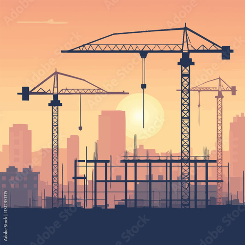 A flat 2D vector of an active construction site with cranes and scaffolding.