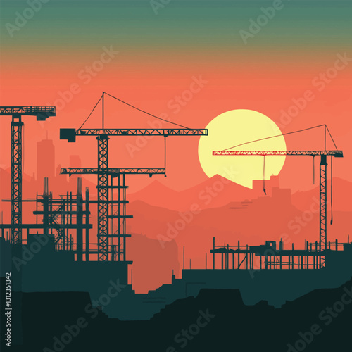 A flat 2D vector of an active construction site with cranes and scaffolding.