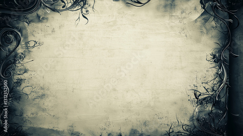 Vintage grunge background with ornate dark floral elements and textured paper effect, ideal for decorative or artistic designs