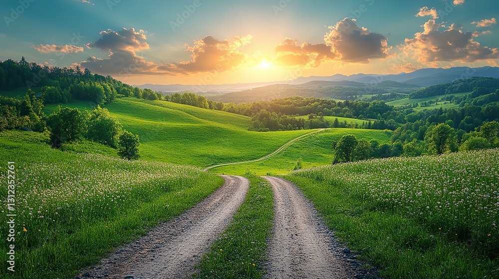 Obraz premium beautiful spring landscape with green meadow road and blue sky