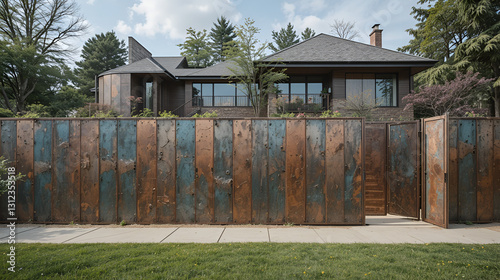 boundary fence of oxidized copper panels, each uniquely patinated to provide a rich, historical texture to the modern home