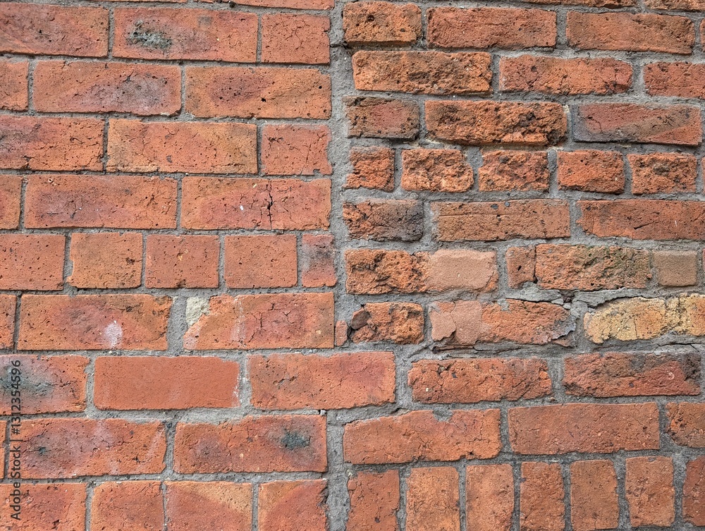A rough red brickwork wall on a building with an extension A rough red brickwork wall on a building with an extension