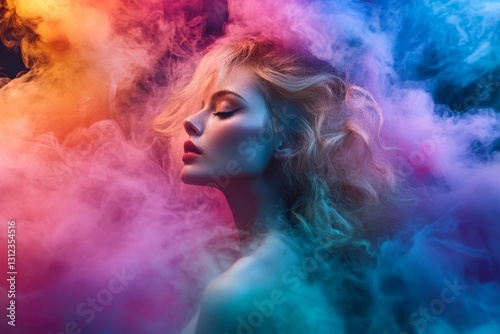 Ethereal Portrait of Woman Surrounded by Colorful Smoke Clouds