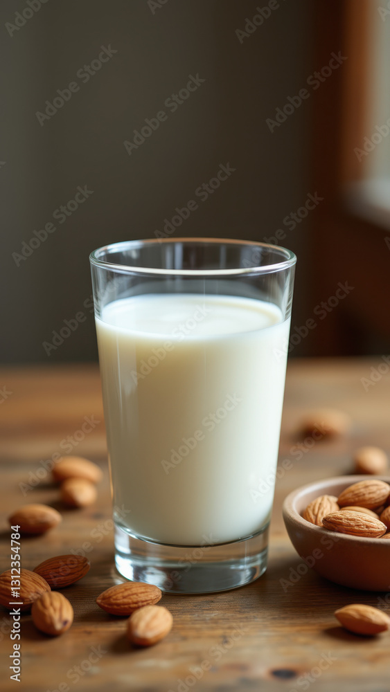 Full glass of fresh milk on table with almonds scattered around. Full glass of fresh milk on table with almonds scattered around.