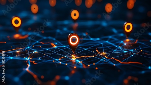 High tech mapping location pointers illuminated in vibrant neon blue and orange colors : Generative AI