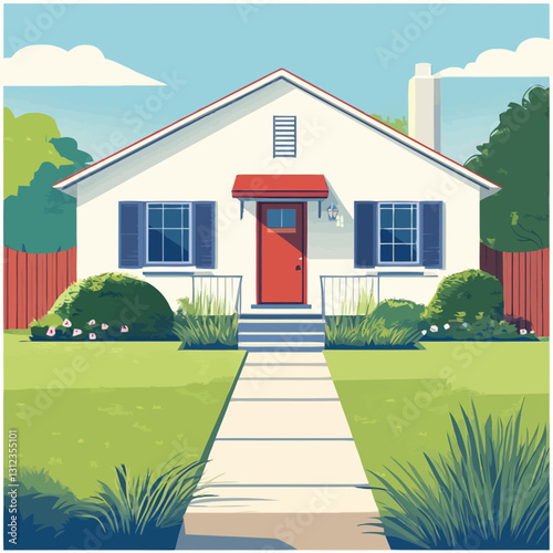 A flat 2D vector of a cozy suburban house with a green front yard.