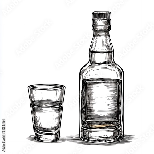 Hand Drawn Sketch of Whiskey Bottle and Shot Glass for Alcohol Drink Menu Design