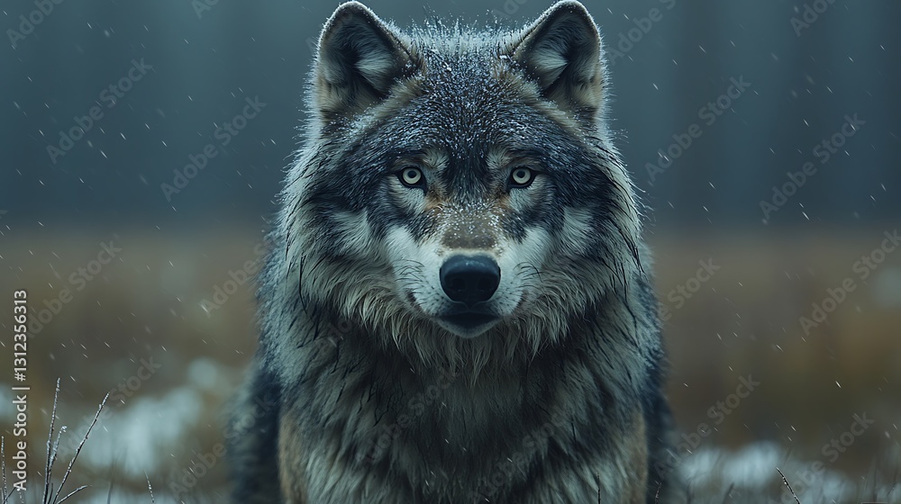Wolf portrait, direct gaze in foggy forest. Wolf portrait, direct gaze in foggy forest.