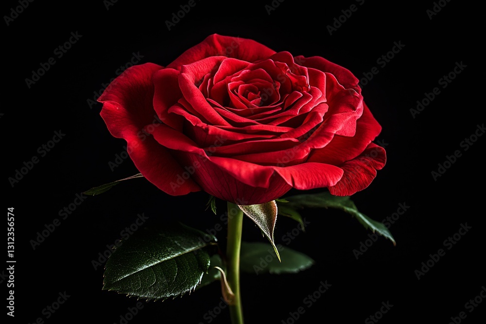 Fototapeta premium Stunning close up of a red rose with lush petals showcased against a deep black background for a breathtaking floral display : Generative AI